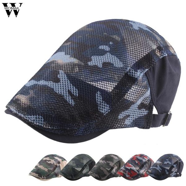 

womail hat winter man fashion camouflage stitching hollow beret cap casual comfortable breathable outdoor mesh beret hat, Blue;gray