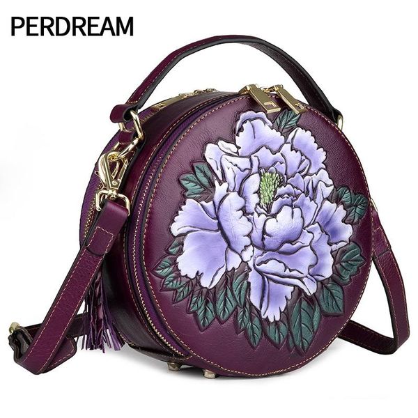 

genuine leather embossed ladies handbag 2020 new barrel-shaped floral tassel shoulder bag female messenger bag oil wax leather