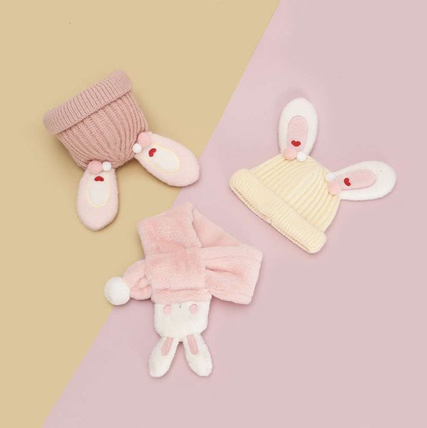

scarf piece love korean two children's set rabbit ear girl's wool hat plush warm baby's neck pkq2, Red;brown