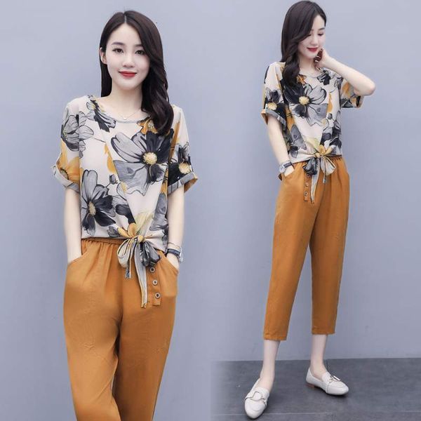 

linen two pieces cotton and wholesale trousers clothes floral of women's summer suits xjbw, White