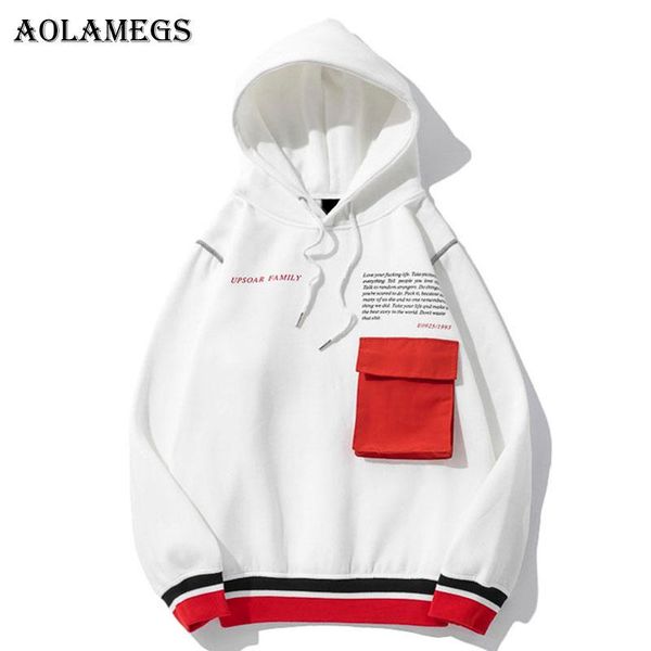 

aolamegs hoodies men pocket letter plus velvet hooded high street pullover sweatshirt men fashion hip hop streetwear hoodie, Black