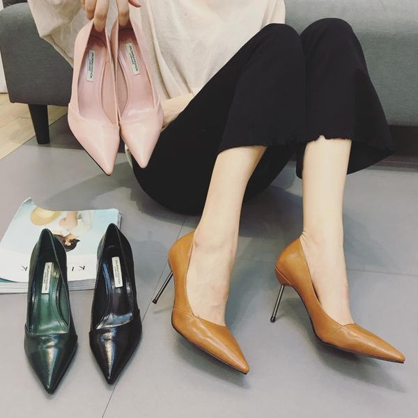 

pointed single shoes high-heeled shoes thin-heeled versatile thin high-heeled, Black