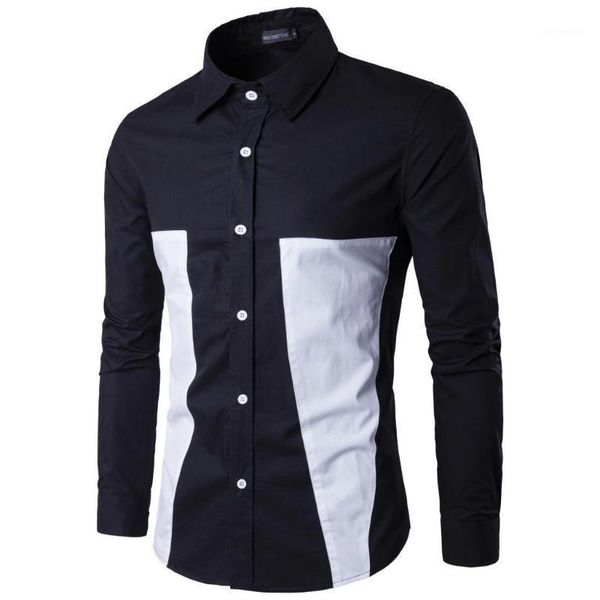 

casual stylish print striped patchwork men shirt slim fit dress shirt long sleeve cotton turn-down collar camisa masculina1, White;black