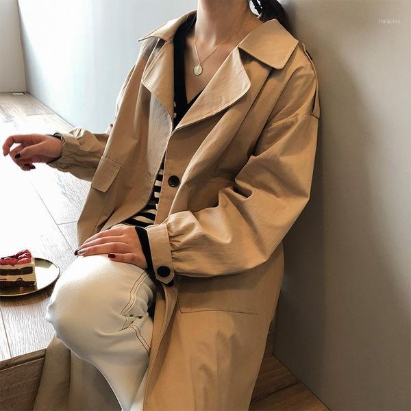 

long trench coat autumn spring 2020 mid-long windbreaker women's solid color long sleeve overknee coat1, Tan;black