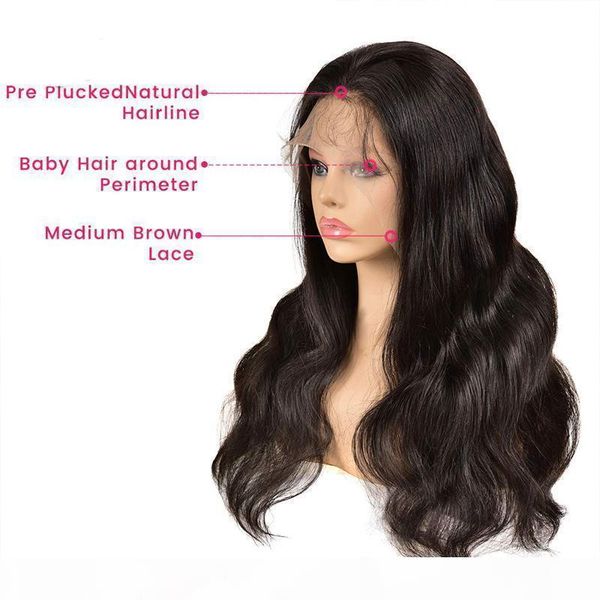 

body wave 360 lace wigs pre plucked hairline 130%~180% density with baby hair 8~24 inches unprocessed brazilian virgin hair for black women, Black;brown