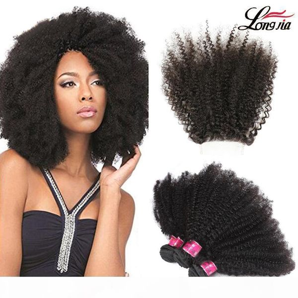 

peruvian afro kinky curly hair bundles afro kinky virgin hair with part 4*4 closure indian afro kinky human hair extension, Black
