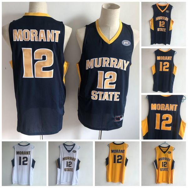 

ncaa murray state university 12 morant basketball jerseys retro yellow white black men's embroidered jersey