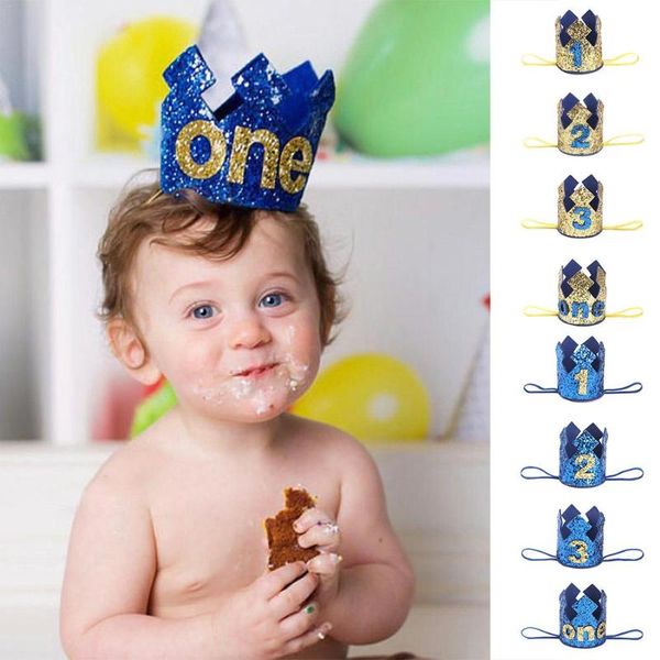 

party hats blue gold baby birthday 1 year crown glitter princess for boy girl shower decor headband kids gifts academic hat