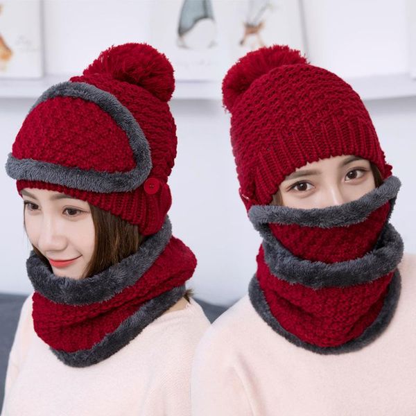 

женщины трикотажные beanie hat шарф маска set snood head neck warmer winter pompom cap ветрозащитный утолщаются теплый caps шарф костюм, Blue;gray