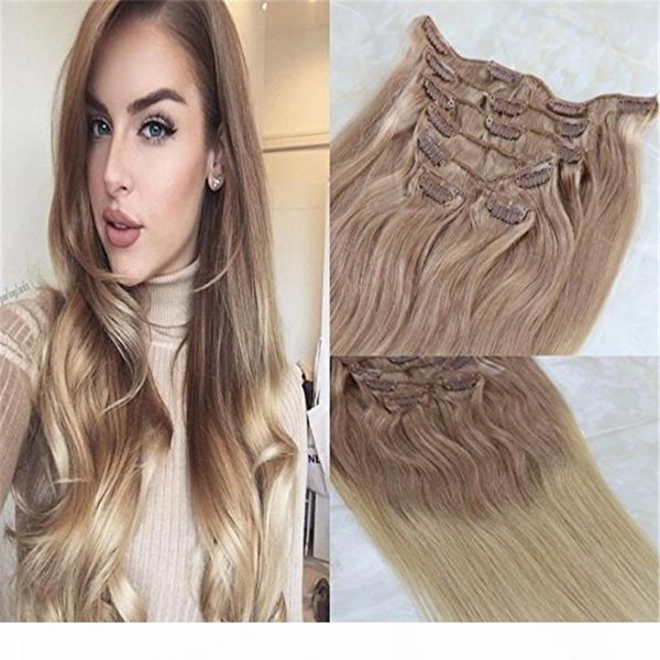 

remy human hair clip in weft hair extensions #18 ash blonde to #613 blonde ombre clip on extensions 7pcs 120g, Black