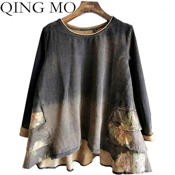 

qing mo woman retro distressed coat 2020 autumn knitted cotton hedging t shirt doll skirt thick all-match casual t shirt lhxx3571, White