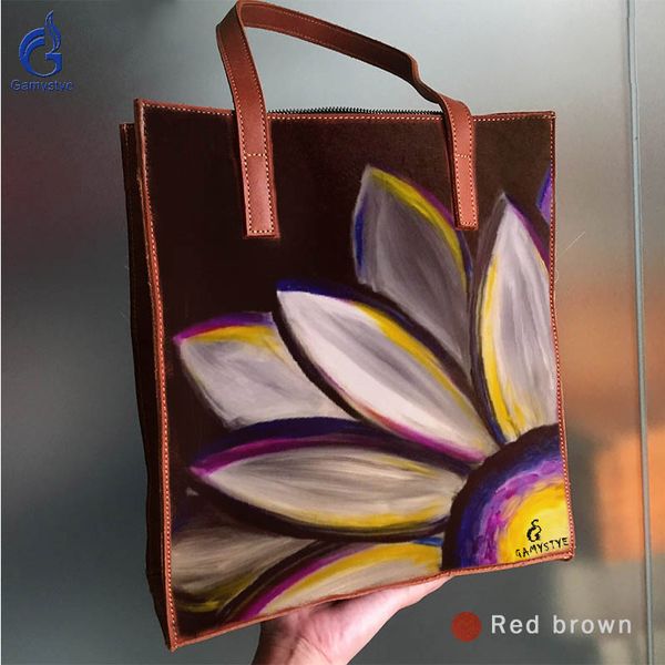 

art hand painted chrysanthemum flowers women handbag genuine leather shoulder crossbody bagslarge capacity totes shoping handbag