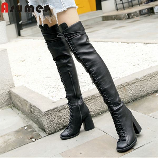 

asumer 2020 fashion over the knee boots women round toe high heels zip lace up autumn winter long boots ladies shoes lj201130, Black