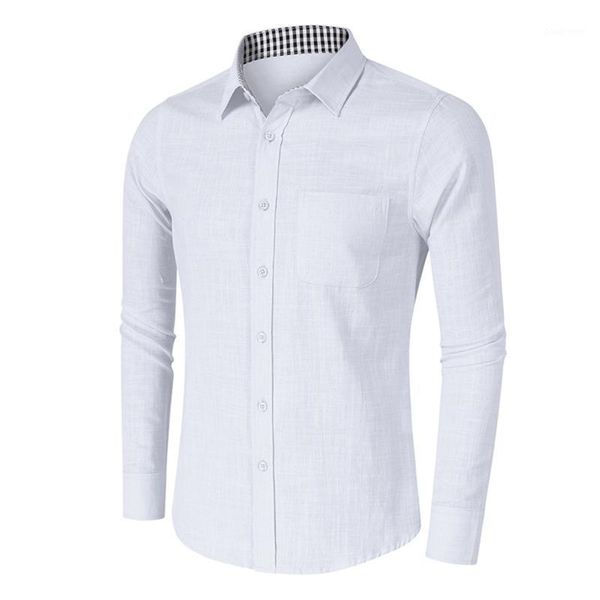 

cotton linen men's fall winter business shirt 2021 fashion plaid turn-down collar long sleeve formal shirts camisas masculinas1, White;black