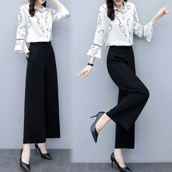 

hiatg 2020 spring and summer new eant shirt high western pantsshirt fashion leg pants wide leg pants two-piece casual wide suit women's, Gray