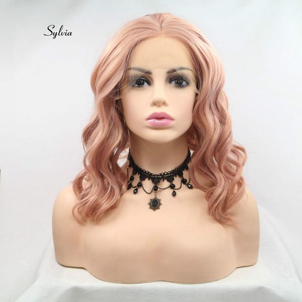 

sylvia rose gold pink curly wigs peach red hair synthetic lace front wigs heat resistant fiber short hair wedding party wigs, Black