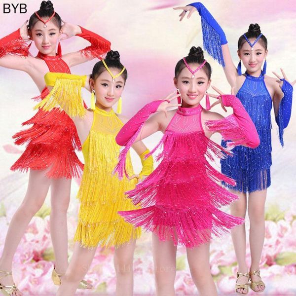 

100cm-160cm children kids fringe ballroom samba clothes chirldren's day stage performance latintango dance dress for girls1, Black;red
