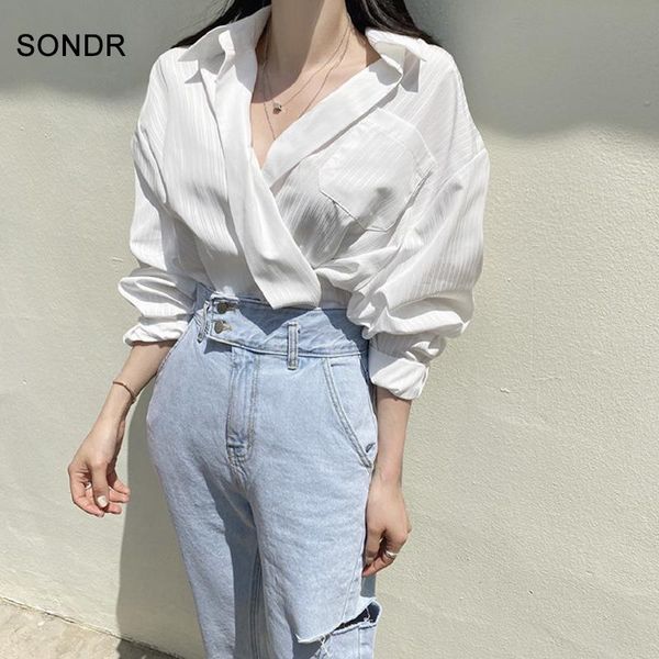 

korean chic shirt women's tide 2021 autumn new style fashion striped white lapel loose casual long-sleeved women shirt blouse