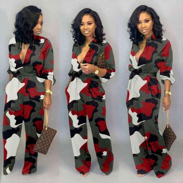 

women camo wide leg pants jumpsuit office lady v-neck long sleeve rompers loose drawstring waist jumpsuits plus size s-3xl, Black;white