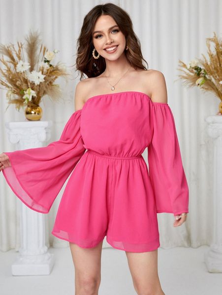 

off shoulder flounce sleeve romper t4l0#, White