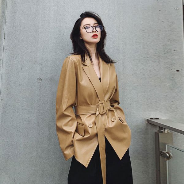 

2021 new leather of female plutonium beautiful korean spring loose locomotive mid-length solid suit 8v jacket qcpr, Black