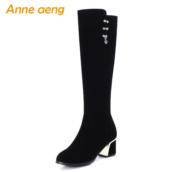 

2020 new winter women knee-high boots high heel round toe solid zipper metal crystal elegant ladies women shoes black boots