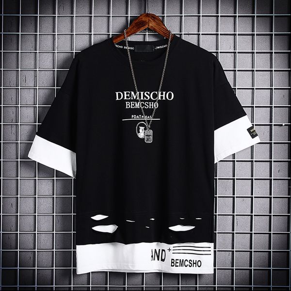 

men's short sleeve slim fit hole men hip hop streetwear o neck fitness t-shirt tee shirt homme, White;black