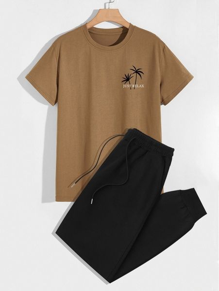 

romwe guys slogan tree graphic tee & drawstring sweatpants 26pg#, Gray