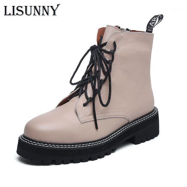 

lisunny 2020 genuine leather boots women shoe platform lace up autumn winter warm short ankle boot women motorcycle boots1, Black