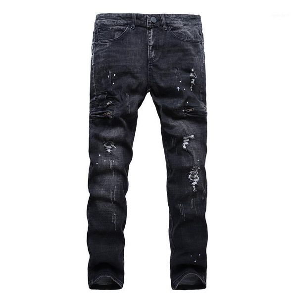 

men's jeans fashion biker for men 2021 spring casual elasticity slim washed cotton skinny ripped hip hop denim jeans1, Blue