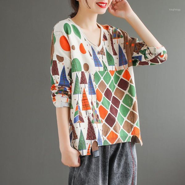 

autumn winter sweater 2020 women retro loose all-match new v-neck print casual ladies vintage sweater 1, White;black