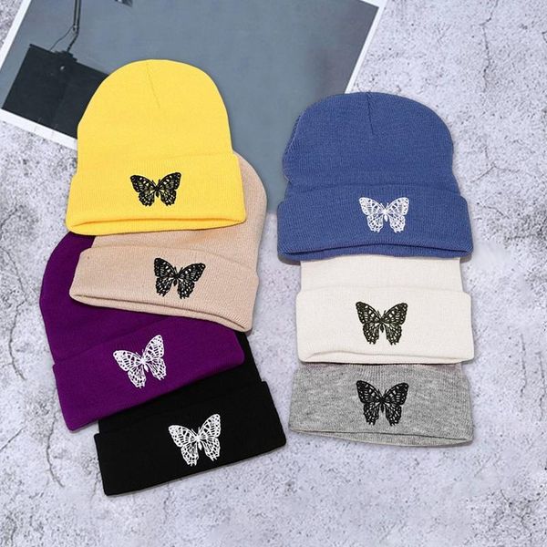 

beanies butterfly embroidery knit hat pullover cap trendy solid casual wool adult
