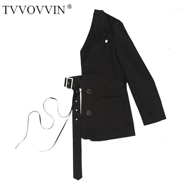 

tvvovvin []2019 new women clothes v-neck half part one shoulder single sleeve sashes waist adjust with belts jacket j8241, Black;white