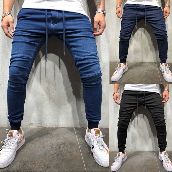 

mens ripped 2019 new denim fabric for men casual sport leg - tied men's jeans, Blue