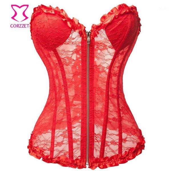 

red transparent floral lace ruffle padded push up bustier corset lingerie women corsage gothic clothing corpetes corseletes1, Black;white