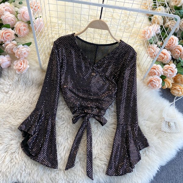 

2021 new female singiny bow cord spring blouse neck enlargement solid sequins streetwear short kvdk, White