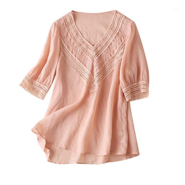 

beach style thin v-neck spliced ramie cute summer blouses blusas femininas elegantes fashionable women's blouse1, White