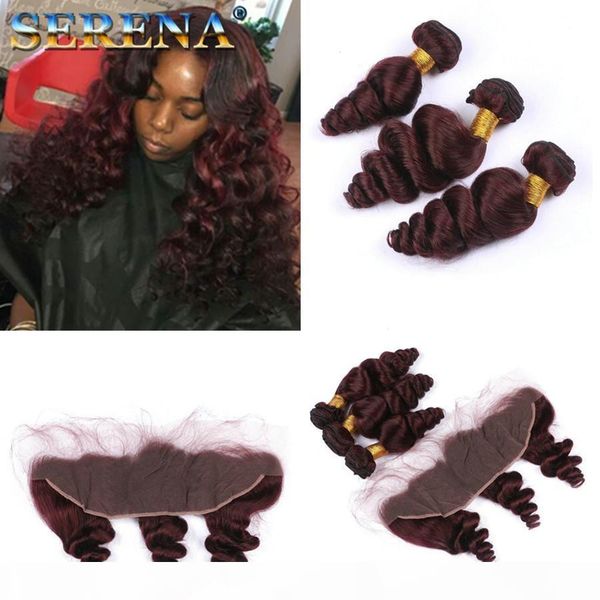 

loose wave #99j wine red brazilian human hair weaves with lace ear to ear closure 4pcs lot virgin burgundy hair 3 bundles with 13x4 frontal, Black;brown
