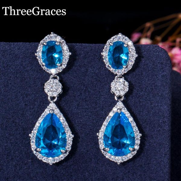 

dangle & chandelier threegraces stylish light blue austrian crystal silver color luxury zirconia pave long earrings jewelry for women er207