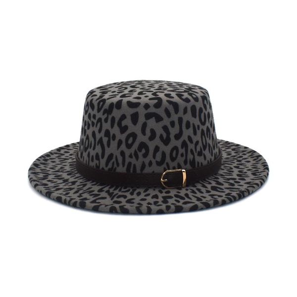 

wide brim hats leopard print fedoras hat women winter autumn wool flat belt bowler man jazz p26, Blue;gray