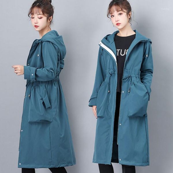 

2020 spring autumn long trench coat women casual long sleeve hooded windbreaker female overcoat zipper big pocket plus size y2571, Tan;black