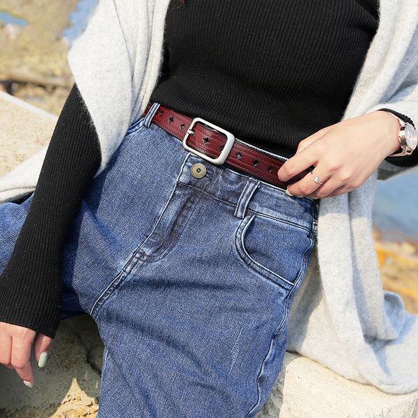 

women's jeans with simple and versatile leather, no need to punch holes leather super soft perforated black belt, Black;brown