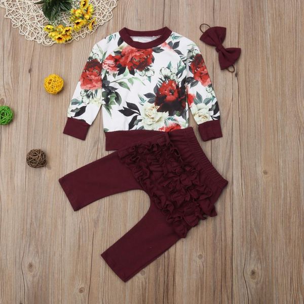 

clothing sets 3pcs autumn winter infant born clothes set baby girl outfits long sleeve printed t shirt ruffle pants, White