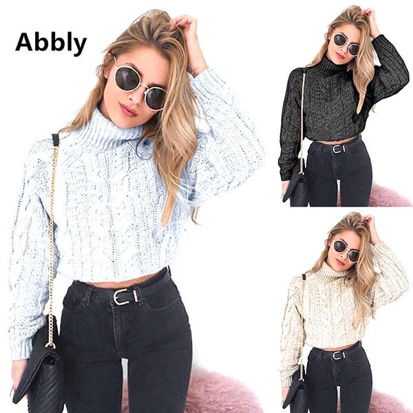 

women's turtleneck fashion slim short knit fall solid color sweater, White;black