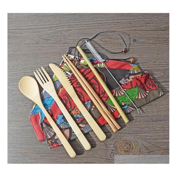 

6 designs bamboo flatware set 7pcs/set portable cutlery set with cloth bag dinnerware set knife fork spoon chopsticks straw tableware