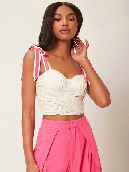 

newness striped tie shoulder bustier crop cami t88n#, White