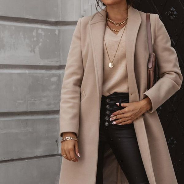 

autumn and winter three quarter sleeve vintage long coat women 2021 elegant v neck button lapel pocket woolen coat womens, Tan;black