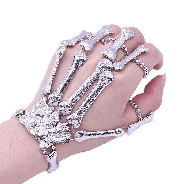 

gothic punk skull finger bracelets for women nightclub skeleton bone hand finger flexible bracelets bangles halloween gift, Golden;silver