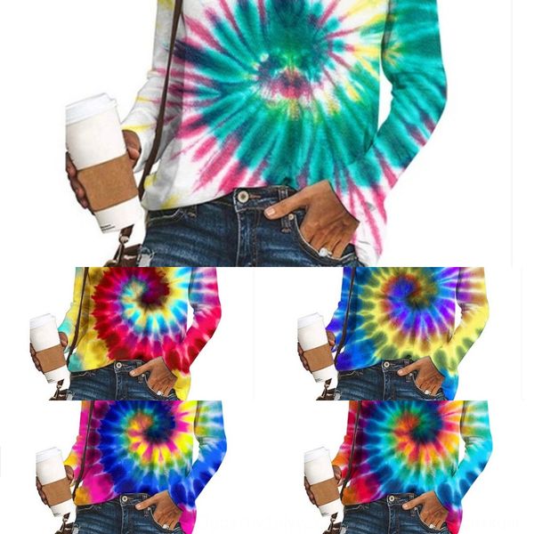 

autumn winter 2020 new women's coat t-shirt v-neck tie dye printed long sleeve loose t-shirt 0mpjt, White