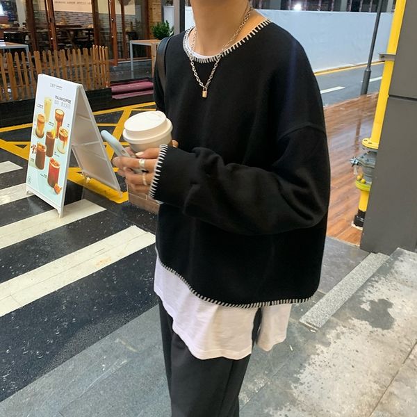 

bmuoy yellow shoulder sleeve contrast color autumn sweater neck women's layer sweater air 2020 round korean style loose casual tie w7, Black